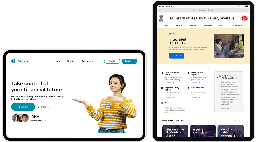 Payki fintech website and RCH Portal web app designs